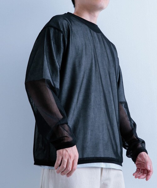ITEMS URBANRESEARCH（アイテムズ アーバンリサーチ）の「メッシュトップス+Tシャツ レイヤードセット（Tシャツ/カットソー・メンズ・BLK×WHT/OFF×OLV/OFF×杢GRY・M/L）」の5枚目の写真