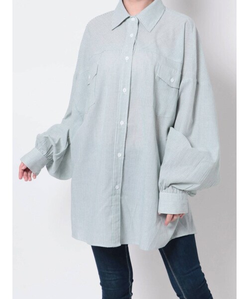 GYDA(ジェイダ)の「LOOSEストライプSH(シャツ/ブラウス・レディース・ミントグリーン/ネイビー・F)」の4枚目の写真