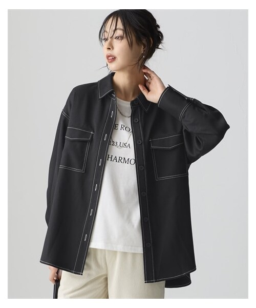 nissen（ニッセン）の「＜大きいサイズ＞ 【美極】配色ステッチシャツジャケット（シャツ/ブラウス・レディース・チャコール/黒/グレンチェック/グレージュ★26初春新色・L/LL/3L/4L/5L/6L/8L/10L）」の21枚目の写真