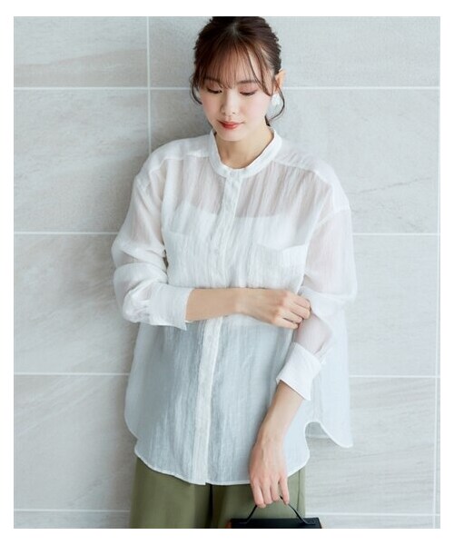 nissen（ニッセン）の「大きいサイズ　バンドカラーシアーシャツ　miclat（シャツ/ブラウス・レディース・ホワイト/ブルー/ピンク・L/LL/3L/4L/5L/6L/8L/10L）」の10枚目の写真