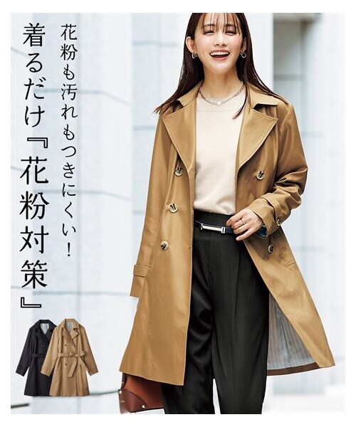 nissen（ニッセン）の「【花粉がつきにくい】トレンチコート（裏地ストライプ・共布ベルト付）（はっ水・防汚機能）＜大きいサイズ有＞（ジャケット/アウター・レディース・グレージュ(ベージュ系ストライプ裏地)/ネイビー(ブルー系ストライプ裏地)/ベージュ(ブルー系ストライプ裏地/キャメルベージュ(ブルー系ストライプ裏地・S/M/L/LL/3L）」の3枚目の写真