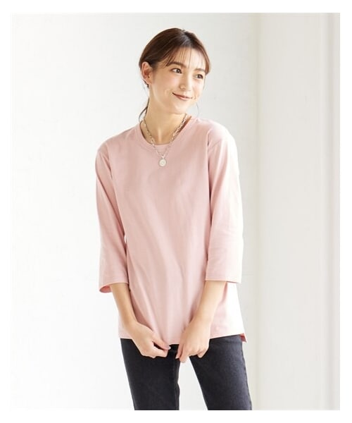 nissen（ニッセン）の「綿１００％汗染みしにくいクルーネック７分袖Ｔシャツ＜大きいサイズ有＞（Tシャツ/カットソー・レディース・黒/ネイビー/オフホワイト/グレイッシュモカ/モスカーキ/ロイヤルグリーン/スモークピンク/アプリコット/ライムイエロー/ダークグリーン/ラズベリー/グレイッシュパープル/ソフトピンク/赤・L/LL/3L/4L/5L/6L/8L/10L/M/S）」の10枚目の写真