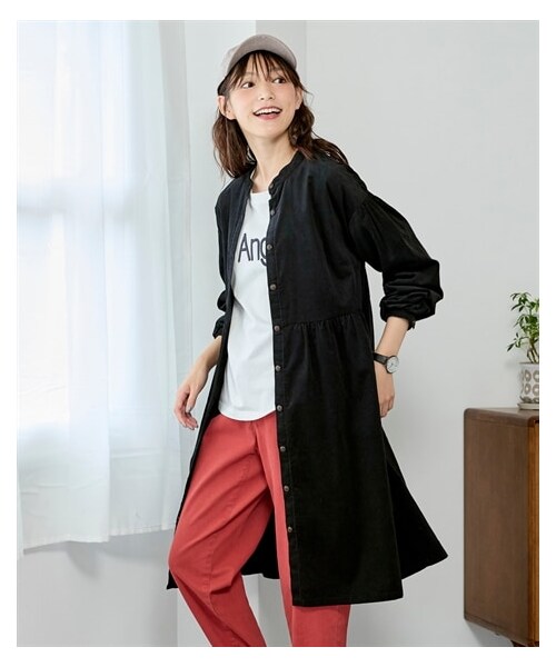 nissen（ニッセン）の「大きいサイズ 綿１００％コーディロイバンドカラーゆるシャツワンピース（ワンピース・レディース・ラズベリー/ブラウン/黒・L/LL/3L/4L/5L/6L/8L/10L）」の13枚目の写真