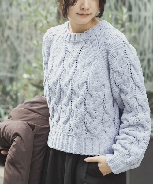 EKAL（エカル）の「ケーブルモールニットプルオーバー（ニット/セーター・レディース・L.ブルー/L.グレー/ブラック・One）」の3枚目の写真