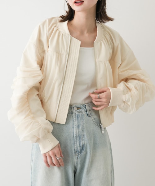 SENSE OF PLACE by URBAN RESEARCH(センスオブプレイスバイアーバンリサーチ)の「チュールレイヤードブルゾン(ブルゾン・レディース・IVORY/BLACK/L.BLUE・one)」の1枚目の写真