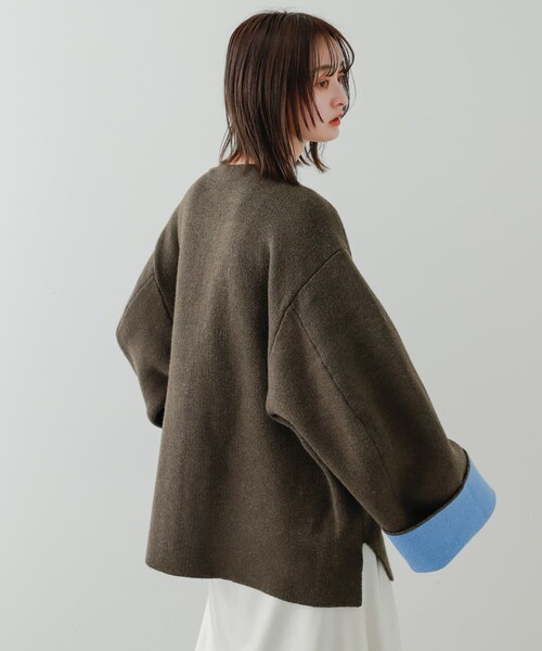 SENSE OF PLACE by URBAN RESEARCH(センスオブプレイスバイアーバンリサーチ)の「バイカラーニットコート(テーラードジャケット・レディース・GRE×YEL/RED×GRE/PPL×C.GRY/MOC×BLU・one)」の10枚目の写真