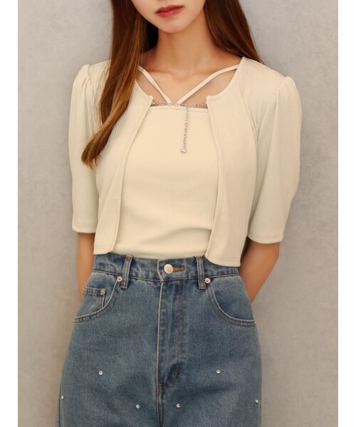 EATME（イートミー）の「キャミ&チェーンカーディガンセット（Tシャツ/カットソー・レディース・アイボリー/ブラック/ライトミックス/ミックス・F）」の2枚目の写真