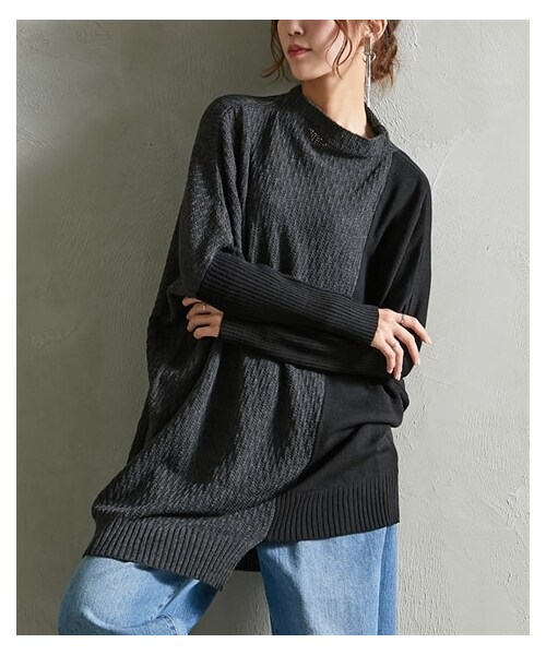 nissen（ニッセン）の「配色デザインプチハイネックロング丈ニット [Soiunique]（ニット/セーター・レディース・キャメル×ネイビー/ブラック×オフベージュ/杢グレー×アイボリー/グレージュ×ネイビー/ソフトグリーン×アイボリー/杢チャコール×黒/アイボリー×グレージュ・Y(M-LL)/S~LL）」の5枚目の写真