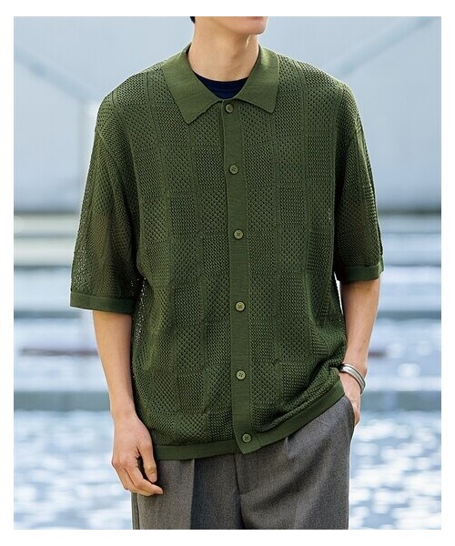 nissen（ニッセン）の「オーバーサイズ5分袖メッシュニットシャツ【大きいサイズ有】（ニット/セーター・メンズ・黒/グリーン・M/L/LL/3L/4L/5L/6L/8L/10L）」の12枚目の写真