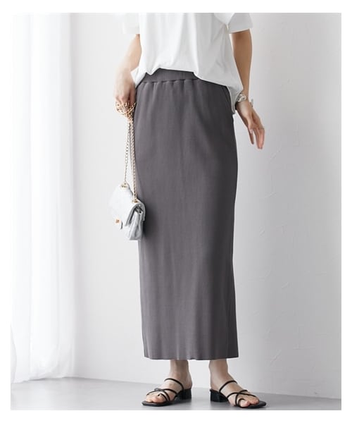 nissen（ニッセン）の「【洗える】セルフカット　リブＩラインスカート 着痩せ 細見え 華奢見え きれいめ 上品 大人カジュアル こなれ感 ストレッチ 楽ちん ウエストゴム 秋 綿混（スカート・レディース・モカベージュ/黒/テラコッタ/マスタード/グリーン/ライトベージュ/ラベンダー/チャコールグレー/杢グレー(新色)/ブラウン(新色)/杢グレー・M/L/LL/3L/4L/5L/6L/S）」の7枚目の写真