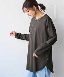 nissen | USAコットンゆるシルエット裾ラウンドロング丈Tシャツ(毛玉防止・UVカット)<大きいサイズ有>(チュニック)