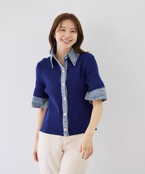 Jayro(ジャイロ)の「デニムドッキング半袖カーディガン(カーディガン/ボレロ・レディース・ブラック/チャコール/ライトグレー/ベージュ/ネイビー・M)」の7枚目の写真