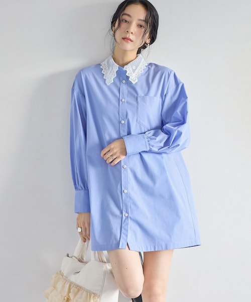 VIS（ビス）の「襟レース付きミニ丈シャツワンピ（シャツワンピース・レディース・ホワイト/サックス・F）」の11枚目の写真