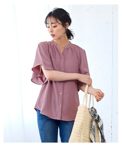 nissen（ニッセン）の「大きいサイズ クリオネ袖ギャザーブラウス（接触冷感・UVカット）（シャツ/ブラウス・レディース・アイボリー/チャコール/グレイッシュピンク/ブルーグレー・L/LL/3L/4L/5L/6L/8L/10L）」の4枚目の写真