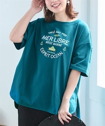 nissen | ＜大きいサイズ＞５分袖ビッグシルエットプリントチュニックＴシャツ（吸汗速乾）（薄手素材）(Tシャツ/カットソー)