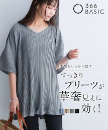 nissen | ランダムプリーツ５分袖カットソーVネックポンチョチュニック＜大きいサイズ有＞(チュニック)