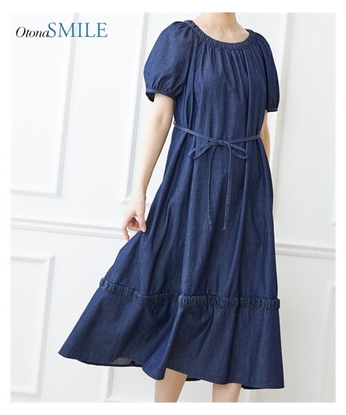 nissen（ニッセン）の「大きいサイズ　パフスリーブデニムワンピース（OtonaSMILE）（ワンピース・レディース・ネイビー/ユーズドブルー・L/LL/3L/4L/5L/6L）」の13枚目の写真