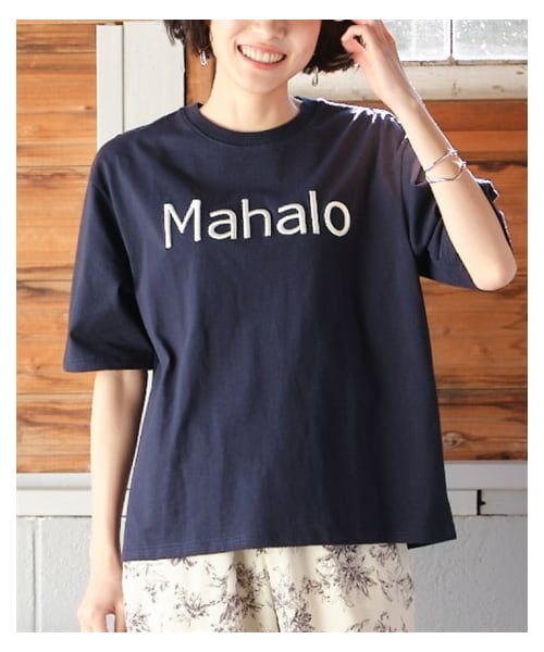 nissen（ニッセン）の「大きいサイズ 綿１００％立体ロゴ刺しゅうルーズシルエットこなれTシャツ（Tシャツ/カットソー・レディース・オフホワイト/スミクロ/ネイビー・L/LL/3L/4L/5L/6L/8L/10L）」の5枚目の写真