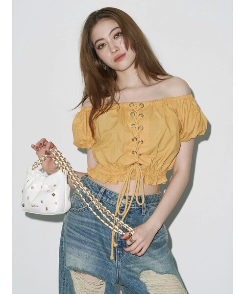 EVRIS（エヴリス）の「レースアップオフショルトップス（シャツ/ブラウス・レディース・ホワイト/マスタード・F）」の16枚目の写真