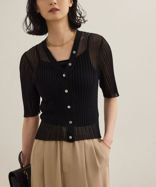 ROPE'（ロペ）の「シアーリブカーディガン/洗える（カーディガン/ボレロ・レディース・ブラック/ホワイト/ピンク・F）」の4枚目の写真