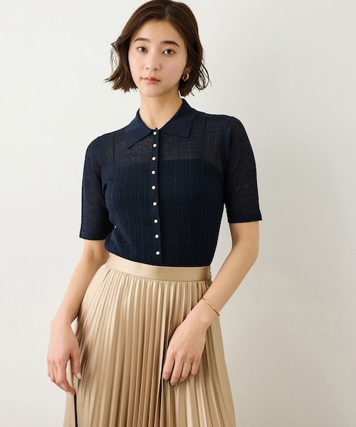 ROPE'（ロペ）の「シルクリネンポロ襟ニットカーディガン/イージーケア（カーディガン/ボレロ・レディース・ブラック/ネイビー/クリーム・F）」の4枚目の写真