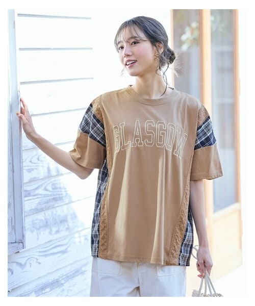 nissen（ニッセン）の「＜大きいサイズ＞チェック柄切替フロントロゴ刺しゅうカットソートップス（Tシャツ/カットソー・レディース・チャコール/ネイビー/ベージュ・L/LL/3L/4L/5L/6L/8L/10L）」の8枚目の写真