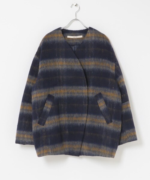 THE GOODLAND MARKET（ザグッドランドマーケット）の「cwtch　CHECK MIDDLE COAT（ノーカラージャケット・レディース・BEIGE/NAVY・FREE）」の16枚目の写真
