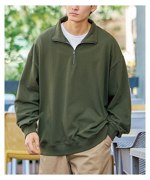 nissen（ニッセン）の「綿１００％オーバーサイズハーフジップトレーナー（スウェット・メンズ・カーキ/黒・M/L/LL/3L/4L/5L/6L/8L/10L）」の2枚目の写真