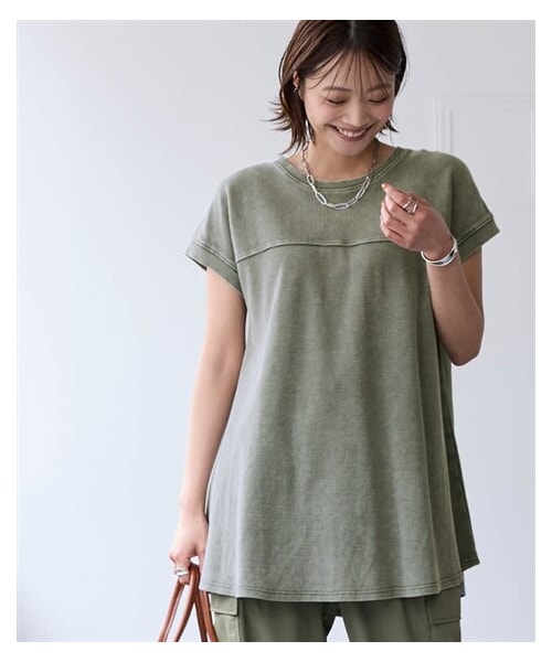 nissen（ニッセン）の「5分袖綿混リブカットソーピグメント加工切り替えワイドロング丈Tシャツ＜大きいサイズ有＞（Tシャツ/カットソー・レディース・ヴィンテージカーキ/デニム調ネイビー/ヴィンテージベージュ/ヴィンテージピンク・S/M/L/LL/3L）」の8枚目の写真