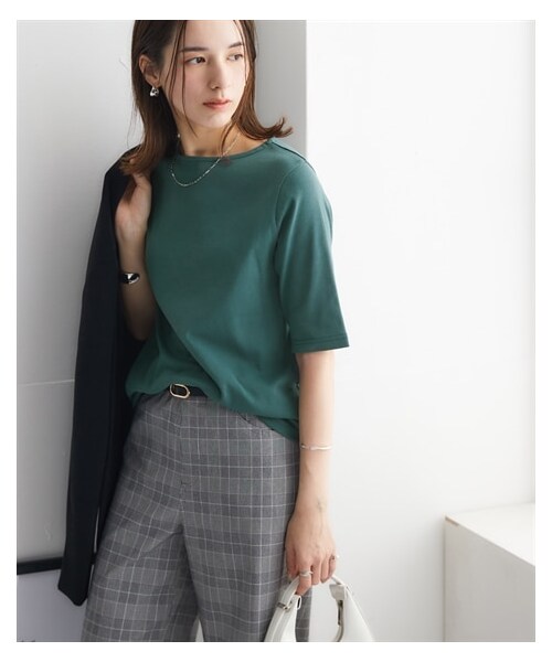 nissen（ニッセン）の「ＵＶカット綿１００％フライス素材ボートネック５分袖Ｔシャツ（Tシャツ/カットソー・レディース・オフホワイト/黒/グレージュ/ディープグリーン/ブルー/ローズ/ラベンダー/カーキグレー・S/M/L/LL/3L）」の18枚目の写真