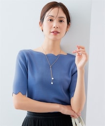 7days Life Styling | 【ひんやり接触冷感】スカラップ5分袖ニット(UVカット・毛玉になりにくい)(ニット/セーター)
