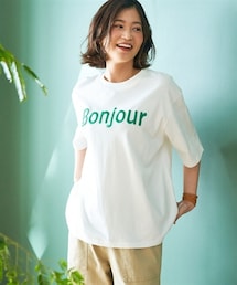 nissen | 大きいサイズ綿１００％立体ロゴ刺しゅうルーズシルエットこなれTシャツ(Tシャツ/カットソー)