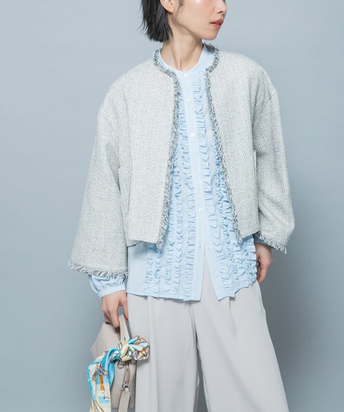 URBAN RESEARCH ROSSO（アーバンリサーチロッソ）の「ツイードショートジャケット（ノーカラージャケット・レディース・OFF WHITE/BLACK・Free）」の4枚目の写真