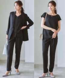 7days Life Styling | 【レディーススーツ】ドビー素材セットアップテーパードパンツスーツ3点セット(ロング丈テーラードジャケット+2WAYブラウス+パンツ)(スーツセット)