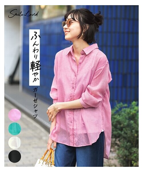 nissen（ニッセン）の「大きいサイズ ゆるシルエットガーゼシャツ（シャツ/ブラウス・レディース・ピンク/ターコイズグリーン/オフホワイト/黒・L~LL相当/3L~4L相当/5L~6L相当/8L相当/10L相当）」の4枚目の写真