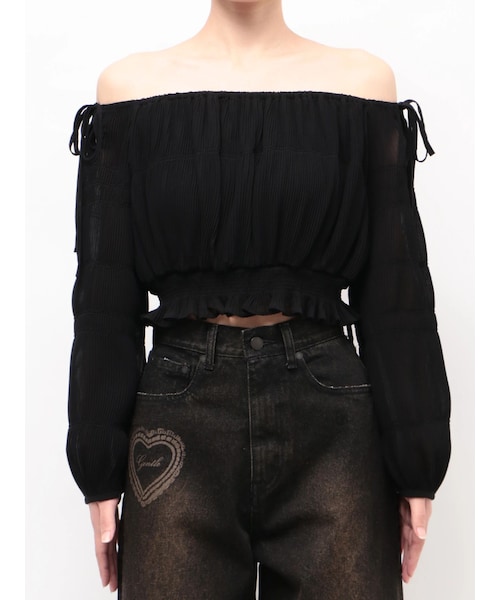 EMODA（エモダ）の「RIBBON CUT OFF SHOULDER TOP（Tシャツ/カットソー・レディース・ホワイト/ブラック/ブルー/ブラウン/ベージュ・F）」の5枚目の写真