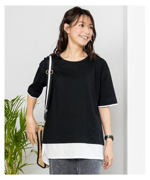 nissen（ニッセン）の「大きいサイズ　綿１００％汗染みしにくい５分袖重ね着風オーバーサイズＴシャツ（フェイクレイヤード）（チュニック・レディース・レッド/黒/グレーベージュ/グレイッシュブルー/ライトカーキ・L/LL/3L/4L/5L/6L/8L/10L）」の10枚目の写真