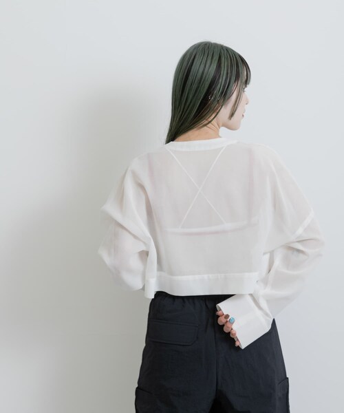 THE GOODLAND MARKET（ザグッドランドマーケット）の「『別注』MIDIUMISOLID×TGM　Organic cotton sheer cardigan（カーディガン/ボレロ・レディース・OFF/BLACK・one）」の12枚目の写真