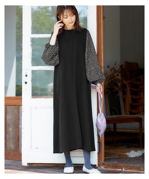 nissen（ニッセン）の「異素材使いボリューム袖カットソーロング丈ワンピース＜大きいサイズ有＞（ワンピース・レディース・チャコール×グレンチェック/黒×ギンガムチェック/ネイビー×ストライプ/黒×黒系花柄/黒×ドット/チャコールグレー×チェック/[ドロップ]ベージュ系×ベージュチェック・S/M/L/LL/3L/4L/5L/6L）」の22枚目の写真