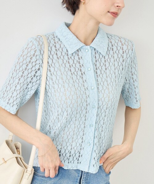 ROPE' PICNIC(ロペピクニック)の「【ちゃんと+かわいい保証】カットレースポロトップス/リンクコーデ(シャツ/ブラウス・レディース・ブラック/ホワイト/サックス・F)」の3枚目の写真