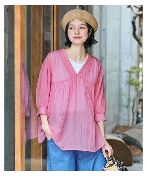 nissen（ニッセン）の「＜大きいサイズ＞シングルガーゼ７分袖チュニックブラウス（シャツ/ブラウス・レディース・グレージュ/パープルブルー/グリーン/ピンク/オレンジ/カーキ・L/LL/3L/4L/5L/6L/8L/10L）」の4枚目の写真