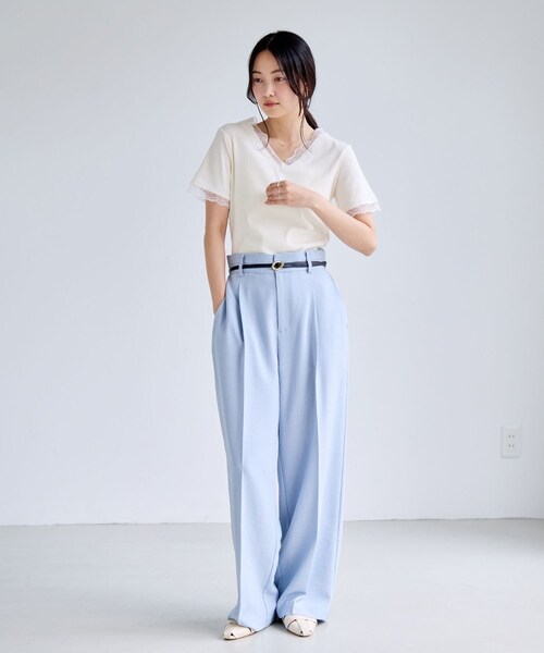 VIS（ビス）の「レーストリムVネックTシャツ/汗ジミ加工（Tシャツ/カットソー・レディース・ブラック/ライトグレー/オフホワイト・F）」の16枚目の写真