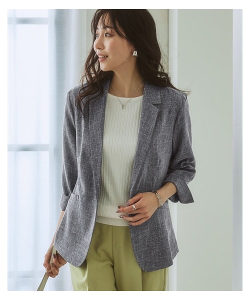 nissen（ニッセン）の「洗える麻調合繊７分袖ストレッチテーラードジャケット（接触冷感・しわになりにくい・ストレッチ・UVカット）<大きいサイズ有>（ジャケット/アウター・レディース・ライトグレー系/ベージュ系/ネイビー系/ネイビーブルー系・S/M/L/LL/3L/4L/5L/6L）」の20枚目の写真