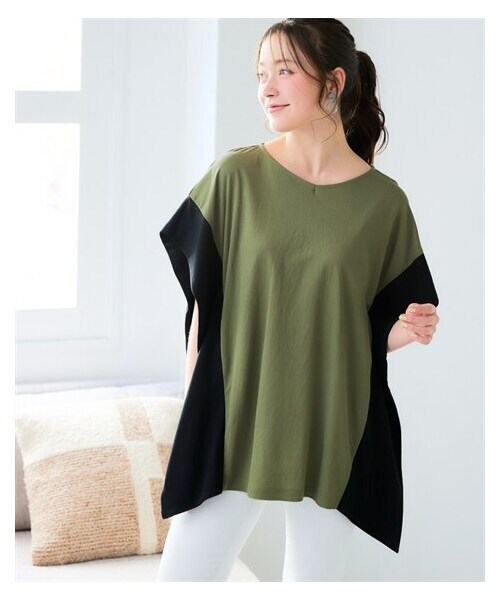 nissen（ニッセン）の「＜大きいサイズ＞美ラクRUタッチ配色プルオーバー（接触冷感・抗菌防臭・UVカット・遮熱）（Tシャツ/カットソー・レディース・黒×グレージュ/カーキグリーン×黒/プラムブラウン×黒・L~LL/3L~4L/5L~6L/8L/10L）」の15枚目の写真