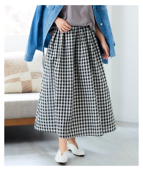 nissen（ニッセン）の「さらり涼しげ先染ギャザーロングスカート（ポケット付）＜大きいサイズ有＞（スカート・レディース・ブルー系ストライプ/ネイビー系ストライプ/黒系ギンガム・S/M/L/LL/3L/4L/5L/6L）」の18枚目の写真