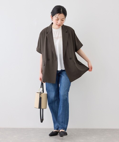 ROPE' PICNIC(ロペピクニック)の「エアリーリネンライク ドルマンジャケット/接触冷感・UVカット・速乾(テーラードジャケット・レディース・ブラック/ダークブラウン/キャメル/ベージュ/ネイビー・F)」の17枚目の写真