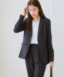 nissen | 【レディーススーツ】セットアップ対応ロング丈ノーカラージャケット（上下別売・すごく伸びる多機能変り織リスピィシリーズ）<大きいサイズ有>(フォーマルスーツ/小物)