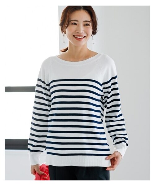 nissen（ニッセン）の「前後２WAYボーダーニットトップス【OtonaSMILE】（ニット/セーター・レディース・オフホワイト系/ネイビー系・M/L/LL/3L/4L/5L）」の3枚目の写真