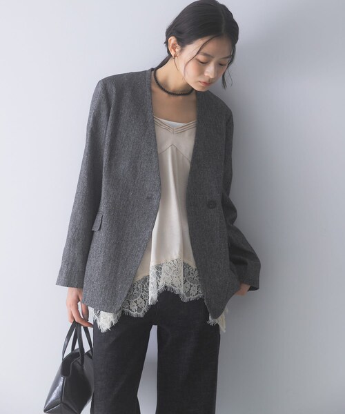 URBAN RESEARCH ROSSO（アーバンリサーチロッソ）の「シルクネップVネックジャケット（ノーカラージャケット・レディース・BLACK/BROWN・36/38）」の6枚目の写真