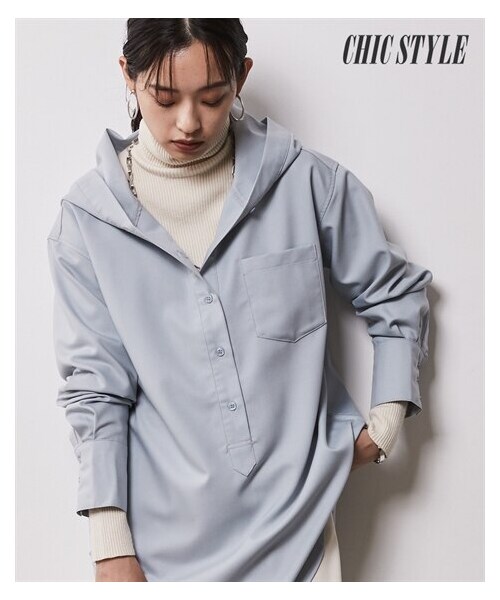 nissen（ニッセン）の「大きいサイズ フーディシャツチュニック シックスタイル（シャツ/ブラウス・レディース・オフベージュ/ブルー/チャコールグレー・L/LL/3L/4L/5L/6L/8L/10L）」の2枚目の写真